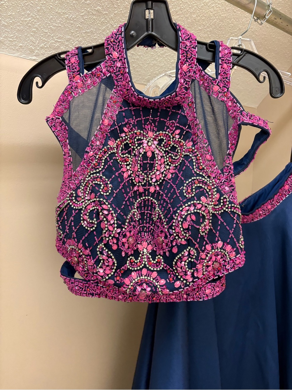 Alyce Paris Navy and Fuchsia Beaded Halter Crop Top with Mesh Insets